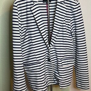 Chic Striped Cotton Blazer - Navy and White
